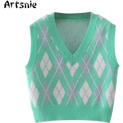 Artsnie Streetwear Argyle Crop Sweater Vest Women Autumn V Neck Sleeveless Pull Femme Vintage Knitted Cropped Sweaters Vest