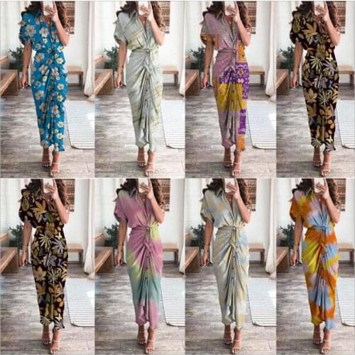 Fashion Autumn Women Printed Shirts Dress Tie Waist Roll up Sleeve Buttons Turn-down Collar Pleated Long Dresses
