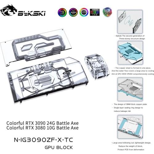 Bykski GPU Water cooling Block With Active Waterway Backplane Cooler For Colorful Battle Axe RTX 3090 3080 N-IG3090ZF-TC