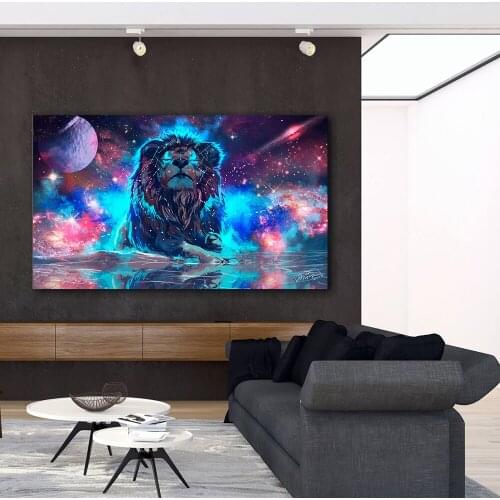 Big Size Colored Planet Glowing Lion Canvas Painting Modern Animal Picture Art Wall Art Poster for Living Room