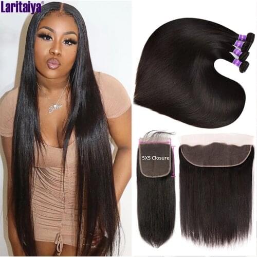 HD 5X5 Straight Hair Bundles With Closure Transparent 13x4 Lace Frontal With Bundles Peruvian Human Hair Bundles with Frontal