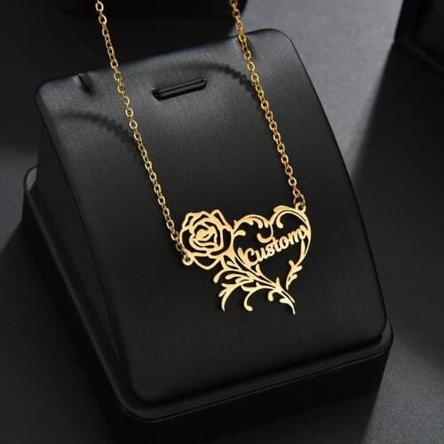 HUHUI Custom Rose Heart Name Necklace Personality Nameplate Stainless Steel Jewelry For Women Girlfriend Valentines Day Gift