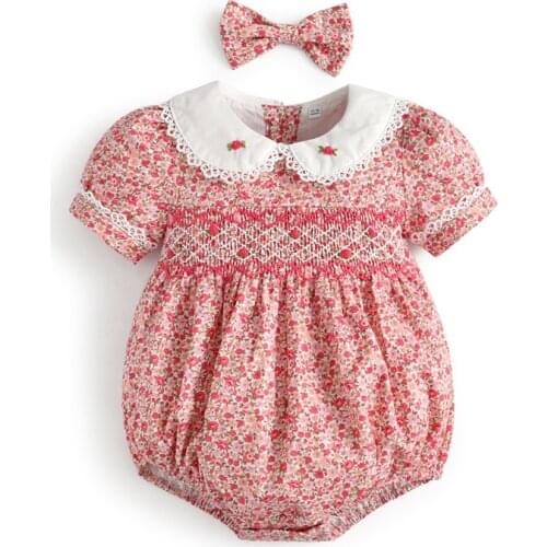 0-4Yrs Infant Baby Smocked Rompers 2021 New Summer Baby Girls Floral Clothes Smocking Bodysuit Vintage Baby Girls Smock Jumpsuit