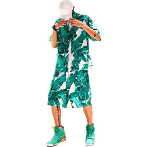 Casual Suit Mens Hawaiian Beach Summer Sets Vacation Clothing Turn-Down Collars Palm Leaves Print Shirts+Shorts Fashion Mens Set