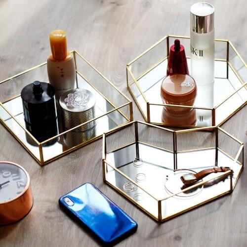 Metal Glass Geometry Storage Plate Jewelry Plant Cupcake Container Luxurious Home Storage Tray Organizer for Weeding Decor
