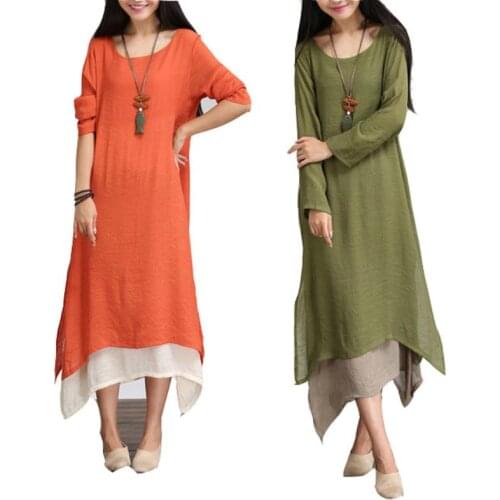 Fashion Cotton Linen Vintage Dress Summer Autumn Women Casual Loose Long Maxi Dresses