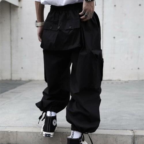 Mens Black Loose Cargo Pants Drawstring Bottom Long Casual Trousers High Street C45