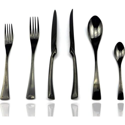 6Pcs/Set Black With Dessert Fork Spoon Portable Cutlery Set Dinnerware Set 304 Stainless Steel Mirror Silverware Tableware Set