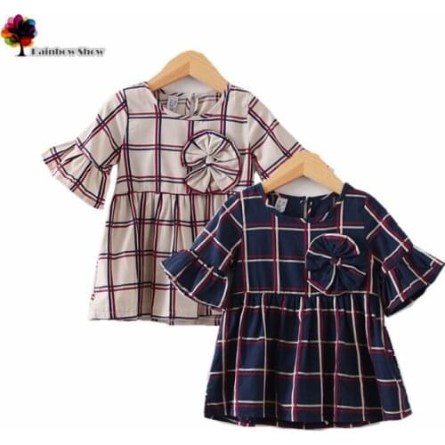 New Children Clothing Spring Autumn Summer Girls Classical Plaid Half Flare Sleeve Cotton Elegant Dresses