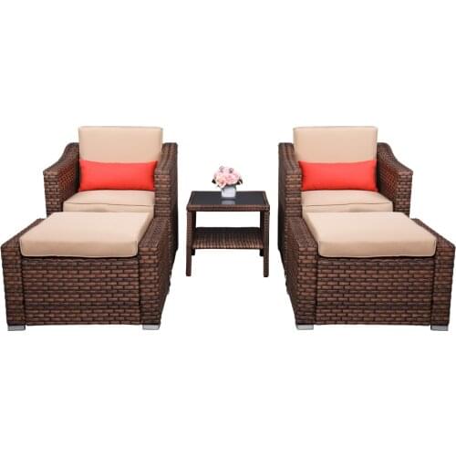 Wide Rattan Double Contiguous Rattan 5-Pcs Suit 2 Single Sofa 2 Pedals 1 Double Coffee Table Outdoor Patio Furniture Brown[US-W]
