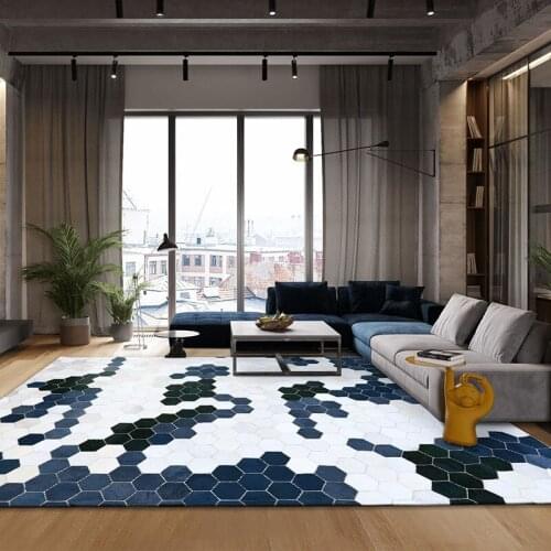 Modern Diamond Plaid Cowhide Fur Handmade Patchwork Rug Big Size Unique Blue Fur Decoration Office Bedroom Carpet
