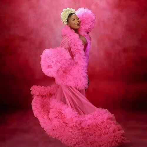 Hot Pink Long Puffy Ruffles Tiered Party Dresses 2021 Custom Made High Quality Fashion Bridal Robes Open Front Maternity Gowns