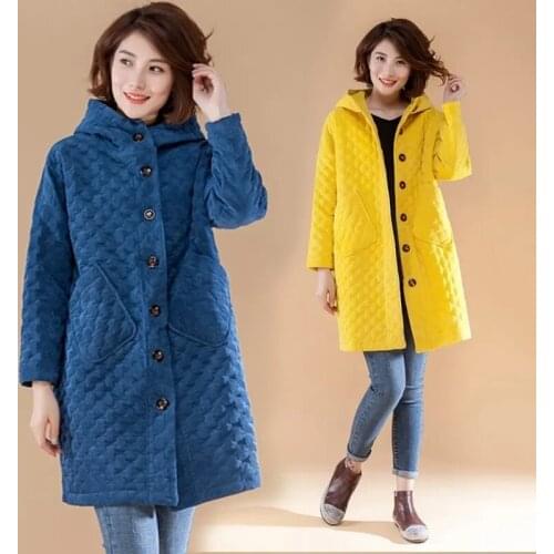 Autumn Winter Woman Corduroy Hooded Parka Long Sleeve Single-breasted Button Solid Slim Fit Long Coat Thick Warm Coat Plus Size