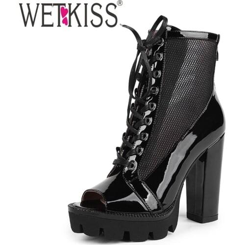 WETKISS Women Summer Sandals Boots Peep Toe Platform Lace Up Thick High Heels Female Mesh Boots Ladies Sexy Party Shoes 2021
