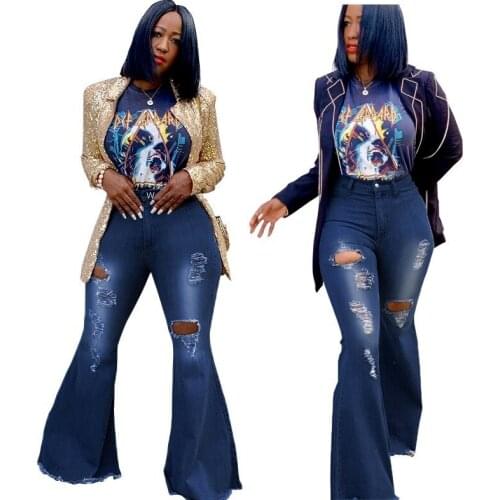 2021 Summer Womens High Waist Casual Jeans Flared Pants Fashion Washed Distressed Stretch Slim Jeans Sexy Ripped Wide Leg Jeans