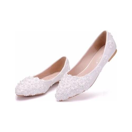 White Lace Flower Wedding Shoes Woman Flat Heel Round Toe Slips Lady Wedding Dress Flat Shoes Big Size 43