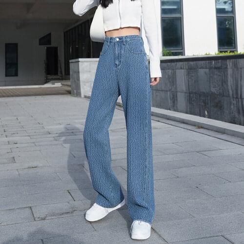 Jacquard Blue Women Pants 2021 New Casual Striped Retro Basic Straight Loose Plus Size Jeans Y2K Fashion Trendy Ladies Trousers