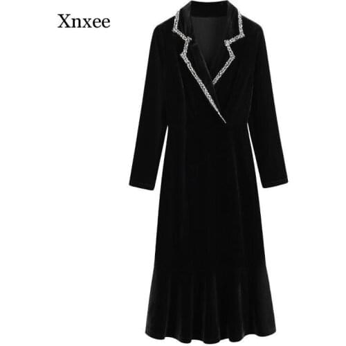 Spring Autumn Dress for Women New Loose Contrast Suit Collar Korean Version of High Waist Gold Velvet Long Sleeve Dress Female