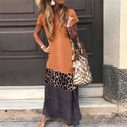In 2021 a new simple easing into color leopard grain splicing printing v-neck long dress with short sleeves