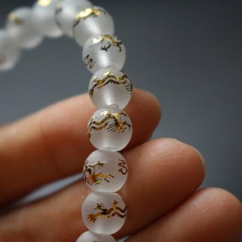 10Piece/lot 8mm Matt Glass beads White Color with carving Gold dragon Fashion Beads For jewelry making