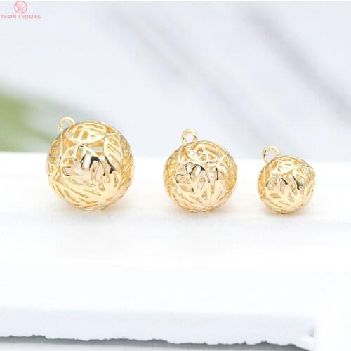 6PCS 10MM 12MM 24K Gold Color Plated Brass Hollow Round Beads Charms Pendants High Quality Diy Jewelry Accessories