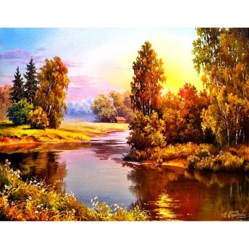 Full Drill Square Diamond 5D DIY Diamond Painting"Sunset river view"Diamond Embroidery Cross Stitch Rhinestone Mosaic Painting