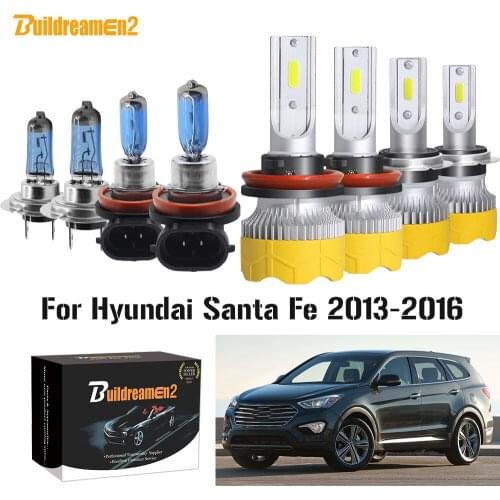 Buildreamen2 4 X Car Headlight High or Low Beam + Fog LED Lamp Halogen Headlamp White H7 H11 12V For Hyundai Santa Fe 2013-2016