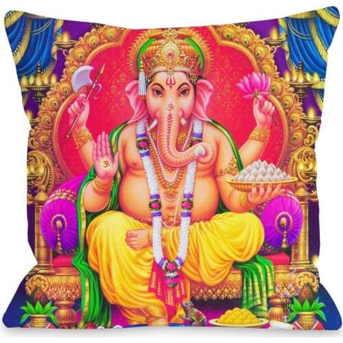Hinduism Mythical Charcters Ganesha God Hanuman Goddess Durga Pattern Pillow Case Religious Belief Beige Linen Cushion Cover
