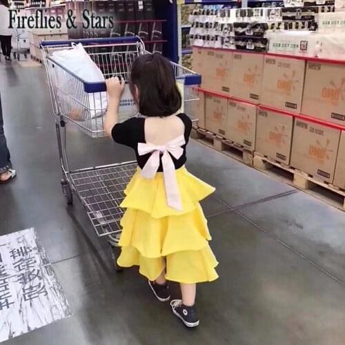 Summer girls 2 pcs set baby black tee +yellow layered skirt kids suit children clothes fashion backless bow lacing 2 to 8 yrs
