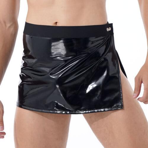 Men Show Pole Dancing Wet Look Patent Leather Skirt Adjustable Elastic Waistband Side Split Miniskirt for Nightclub Stage Wear