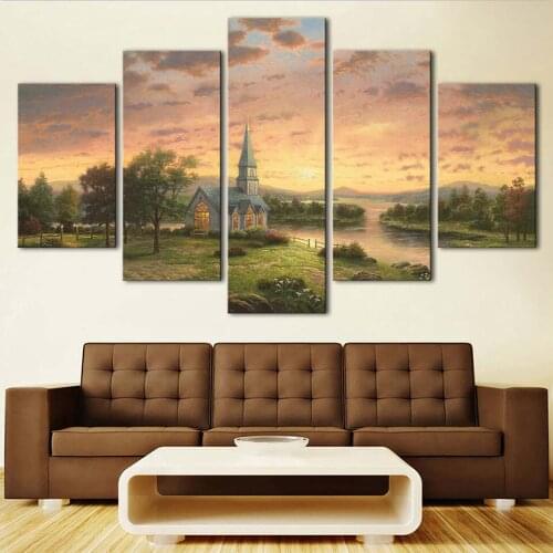 Wall Art Canvas Picture Bedside Background Bedroom Decor 5 Pieces Country Cabin Scenery HD Printed Poster Frame Modular Painting