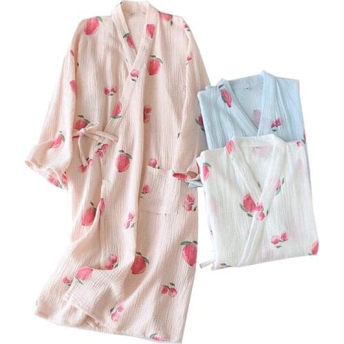 2021 Spring & Autumn New Ladies Soft Gauze Cotton Nightgown Loose Thin Comfort Robe Girls Sleepwear Cute Peach Printed Homewear
