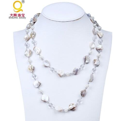 Beautiful irregular shape shell beads necklace tooth shells faceted crystal with glass bead long chain for women jewelry