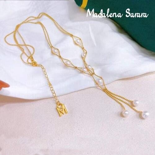 MADALENA SARARA 7-8mm Akoya Pearl 18K Gold Women Necklace White Saltwater Pearl Perfectly Round Braided Necklace AU750 gold