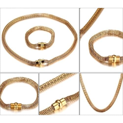 Punk 316L Stainless Steel Gold Color Mesh Chain Necklace Bracelet 1set Cool Mens Jewelry Wholesale