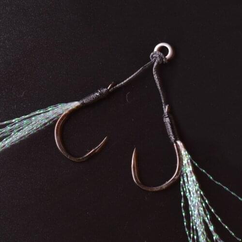 TOMA 3pairs/lot Metal Jig Assist Hook With PE Line Feather 12# 14# Solid Ring Cast Jigging Spoon Fishhook for 5-40g Fishing Lure