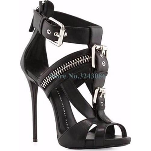 Gladiator Buckle Strap Zipper Thin High Heel Sandals Open Toe Motorcycle Sandals White Black Leather Back Zip Fashion Shoes