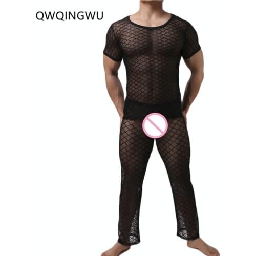 Sexy Men Long Johns Underwear Mens Short Sleeves Mesh Transparent Sleepwear Nightwear Underwear Sets Long Johns Tops Pants Set