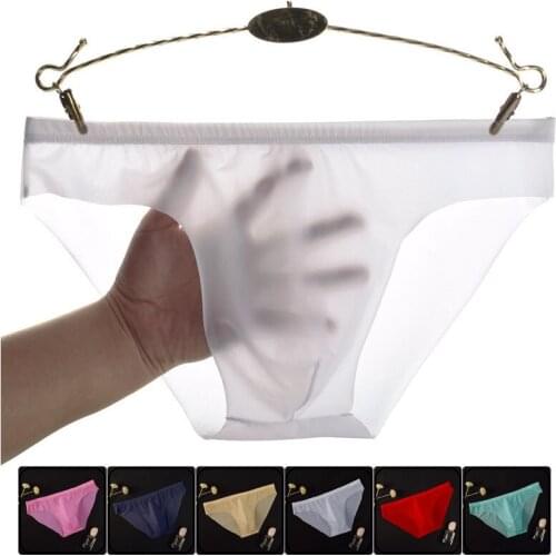 Sexy Underwear Men Briefs Shorts Thin Ice Silk Panties Solid U Pouch Seamless Underpants Plus Size mens underwear gay