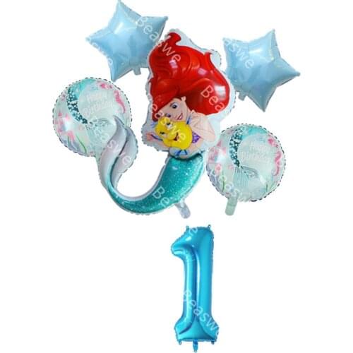6pcs/lot Cartoon Mermaid Foil balloons Big 40inch blue Number Globos baby shower Girls Princess bridesmaid gift