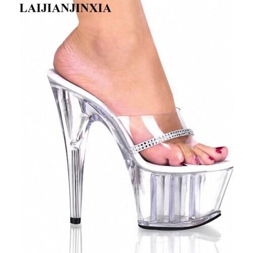 LAIJIANJINXIA Fashion Women Pumps Transparent Crystal Slippers Platform Shoes Woman 15CM High Heels Shoes Big Size Slides