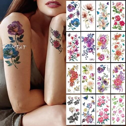 Blue Purple Watercolor Rose Temporary Tattoos for Women Tattoo Sticker 3D Jewels Style Body Chest Neck Art Waterproof Fake Tatoo