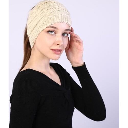 1 Piece Of European And American New autumn and winter ladies knitted hairband widened hooded empty top ponytail hairband