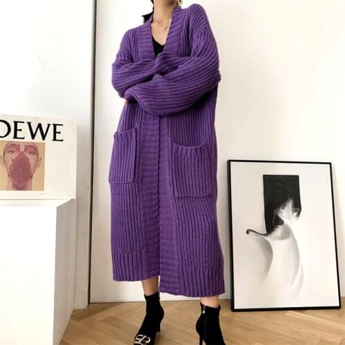 [ZAYAU]New Versatile Casual Sweater Coat Design Loose Knit Cardigan Medium Length womens Pocket over the Knee