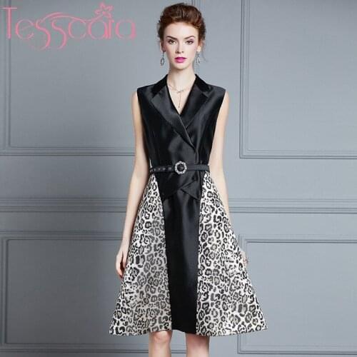TESSCARA Women Runway Designer Elegant Satin Dress Festa High Quality Cocktail Party Robe Femme Luxury Jacquard Leopard Vestidos