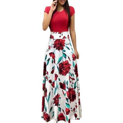 Elgant Women Summer Long Dress Floral Printed Short Sleeves O Neck Patchwork Casual Draped Vestidos Verano Maxi Shirt Robe