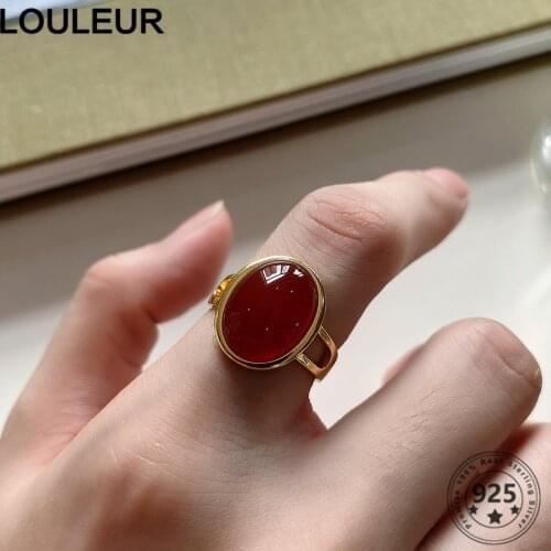 LouLeur 925 Sterling Silver Ring Gold Color Oval Onyx Rings for Women 925 Sterling Sliver Adjustable Ring Women Jewelry