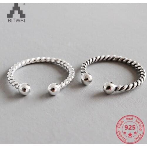 S925 Sterling Silver Design Antiquated Double Beads Twist Open Female Ring