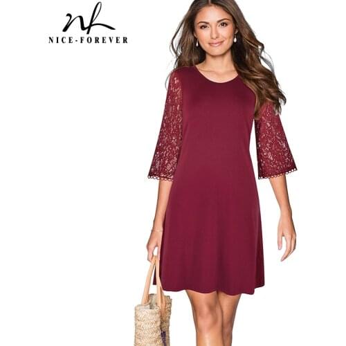 Nice-forever Elegant Embroidery Floral Lace Patchwork Shift Dresses Casual Loose Women Straight Dress btyA174