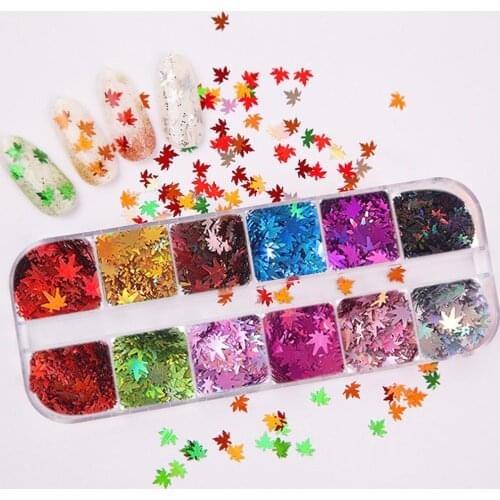 12 Color Maple Leaf Holographic Shiny Nail Art Glitter Sequins Manicure Decor